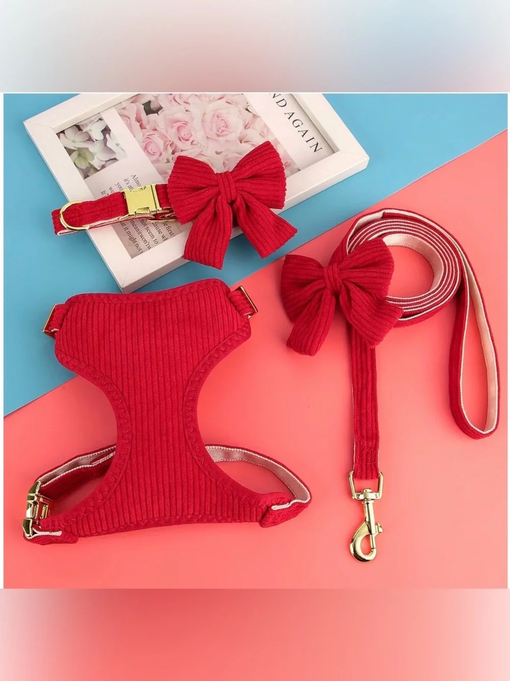 3-N-1 Red Knit Dog Harness, Colar, and Leash Set with Bow